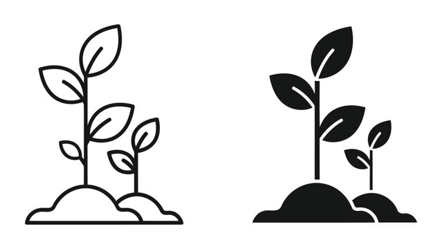 Small green plant growing in soil mounds as simple flat vector icon set