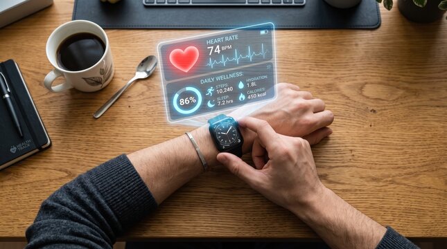of man checking smartwatch with futuristic holographic health data display, heart rate monitor and fitness tracker, daily wellness statistics including steps and calories