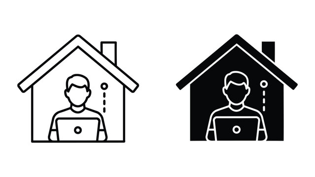 Person working on laptop inside house icon set isolated on white vector illustration