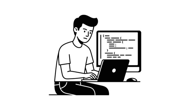 Programmer writing code on laptop with dual monitor setup.