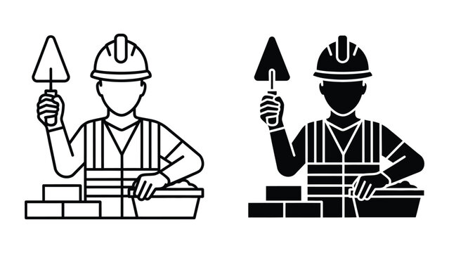 Construction worker bricklayer vector icon outline and silhouette