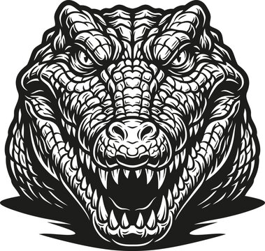 Aggressive crocodile head mascot illustration for sports team logo and vector emblem design.