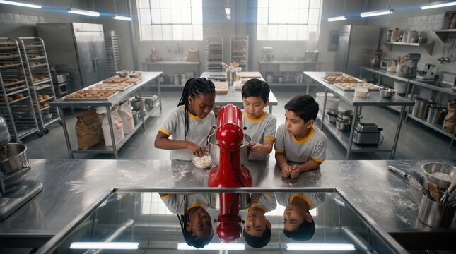 Kids prepare meal baking kitchen red mixer table children cooking