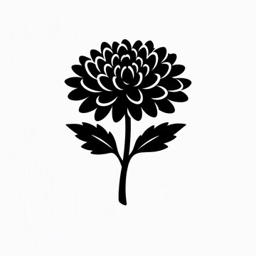 A minimalist black and white silhouette illustration of a blooming chrysanthemum flower with leaves on a stem
