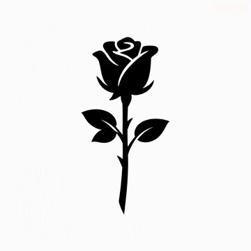 Minimalist black silhouette of a single rose flower with stem and leaves isolated on white background
