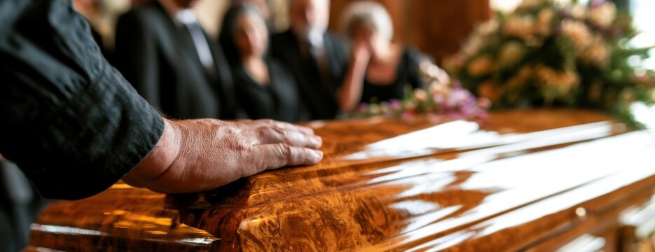 Man's hand resting on a wooden coffin during a funeral ceremony  