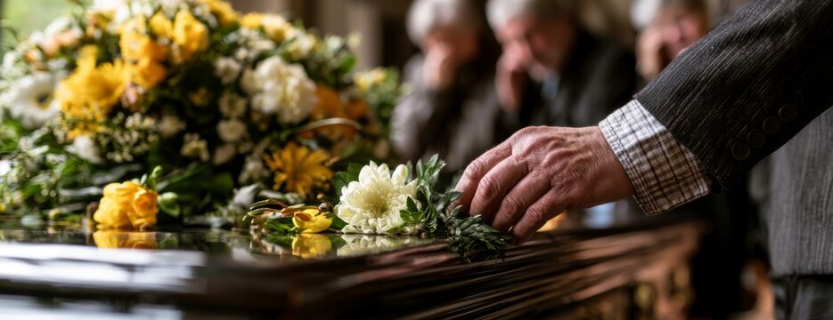 Grieving man placing flowers on a casket during a funeral service  