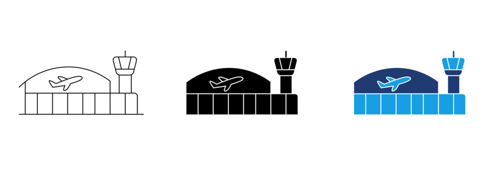 Airport terminal building icon set with control tower, aviation hub, airplane flight departure, air travel infrastructure, transport hub, passenger station, and airline facility vector.