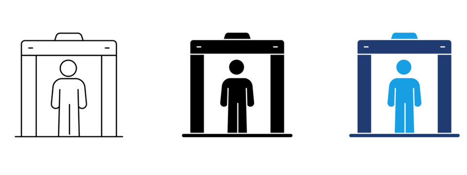 Metal detector icon set representing airport security scanner, walk-through scanner, passenger checkpoint, safety inspection, travel protection, gate surveillance, border control, and scanning system 