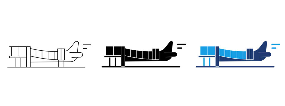 Jet bridge icon set featuring airplane boarding bridge, passenger walkway, gate terminal, air travel infrastructure, airport connection, aviation transport, departure line, and flight access vector.