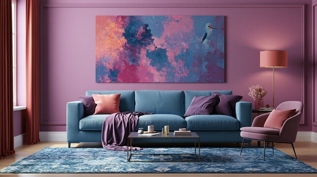 Vibrant modern living room interior with mauve pink walls blue fabric sofa colorful abstract wall art and coordinated complementary accent colors