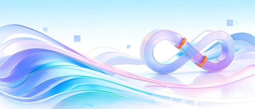 Abstract modern 3d transparent infinity symbol on flowing pastel blue purple wavy background representing endless loop and devops technology concept