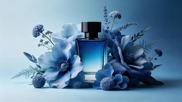 Luxury gradient blue glass perfume bottle surrounded by delicate blue flowers on soft blue background elegant fragrance product mockup for cosmetic brand