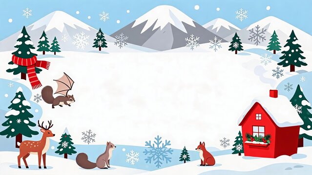 Winter Forest Scene with Deer, Fox, Squirrel, and Bat Near a Red Cabin