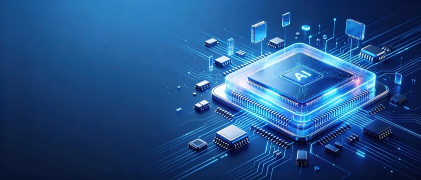 Glowing blue artificial intelligence microchip processor sitting on glowing electronic circuit board dark background futuristic advanced computing AI technology concept