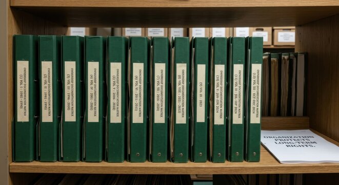 Row of green legal document folders neatly arranged on a wooden shelf
