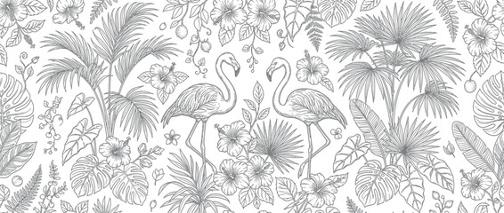 Tropical pattern with flamingos and exotic foliage, line art © dwi