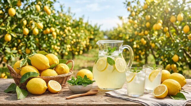 Refreshing Homemade Lemonade Served in Glass Pitcher with Fresh Yellow Citrus Fruits Harvested in Sunny Garden Lemon Orchard Grove