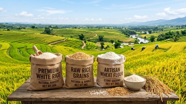 Rustic Wooden Table Displaying Bags of Premium White Rice Raw Grains and Artisan Wheat Flour Against a Scenic Golden Rice Terrace