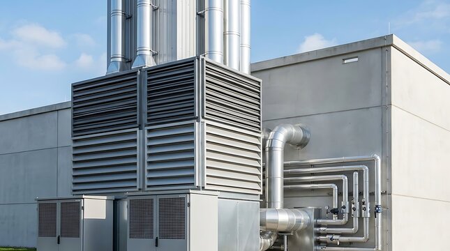 Industrial building exterior featuring large HVAC cooling units, modern ventilation systems, and complex utility piping, essential for efficient climate control