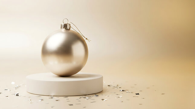A single elegant matte gold christmas ornament displayed on a minimalist white pedestal with silver confetti background
