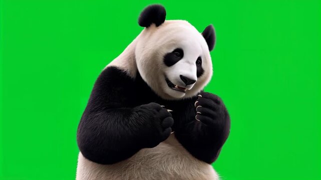 Giant panda sitting upright and looking at camera against green screen 4K video panda face cute animal 4K video