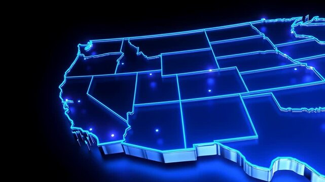 Glowing neon blue map of the united states with state borders 4K video blue glow usa map glowing lines 4K video