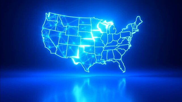 Glowing red and blue neon map of the united states isolated on black 4K video usa map state borders 4K video