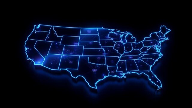 Digital glowing blue neon map of the united states of america with dark background 4K video usa technology 4K video