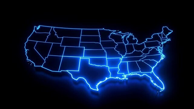 Abstract glowing blue neon map of the united states on dark background 4K video usa technology outline 4K video