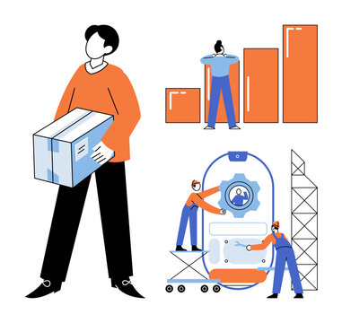 People working with boxes, charts, and digital interfaces vector illustration. Logistics, business growth, technical support, software development, teamwork, productivity. Employees managing