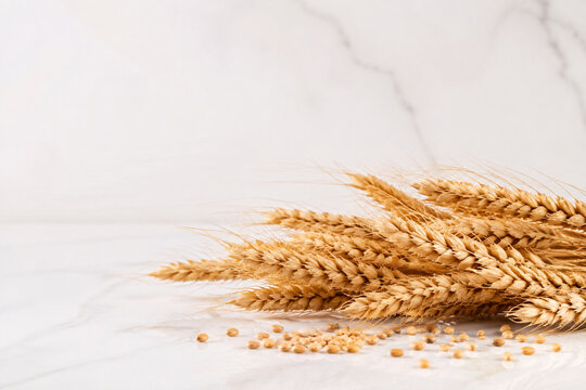 Golden wheat stalks on marble surface, harvest and abundance concept