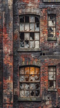 An old abandoned industrial brick building facade featuring broken and shattered windows. Perfect for urban decay, destruction, and grunge.
