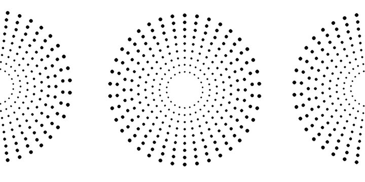 Circular halftone dot pattern background. Radial points form repeating rings with clean spacing. Modern abstract geometry creates a minimal monochrome texture for graphic design and print.