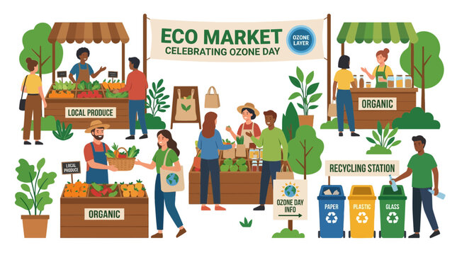Eco Market Celebrating Ozone Day with Local Produce, Organic Goods, and Recycling Station