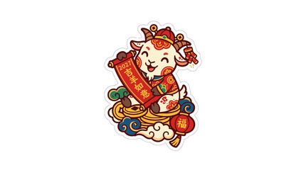 Fototapeta premium Cute cartoon goat holding scroll, celebrating Chinese New Year, sitting on gold coins and clouds