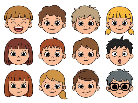 Set of 12 Cute Cartoon Kids Avatars - Diverse Children Faces Vector Illustration