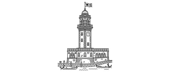 Obraz premium Black and white line drawing of a historic lighthouse tower