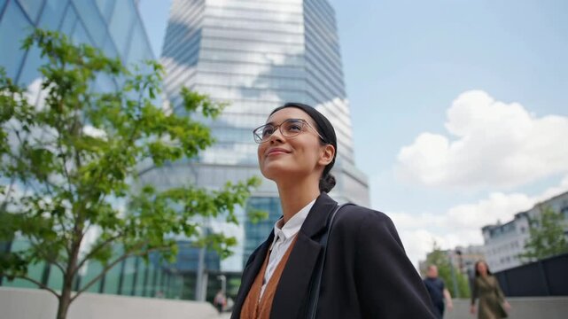 Young professional woman in business attire looking up at high-rise office building 4K video businesswoman 4K video