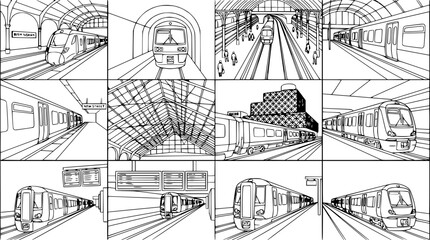 Fototapeta premium Train Station Collection: Multiple Views of Modern Trains and Platforms