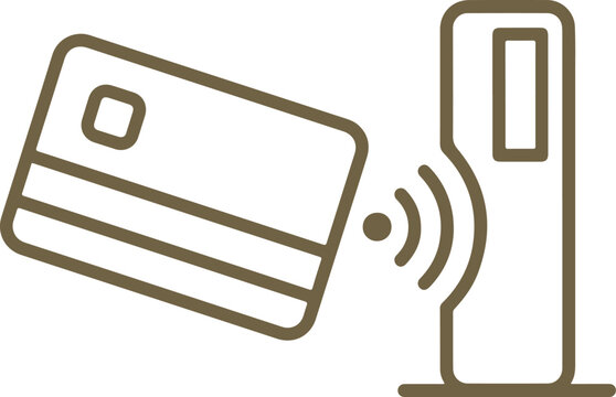 Contactless payment card and reader terminal in brown line art style for secure digital transaction financial retail or banking technology applications.