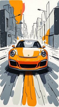 odern orange sports car driving on city street background vector illustration