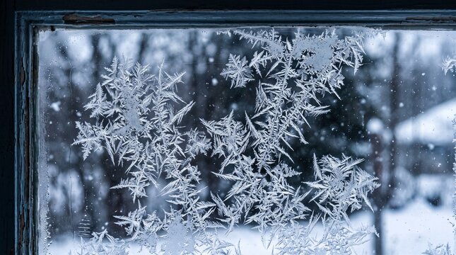 Frost crystals forming intricate patterns on a cold winter glass window pane