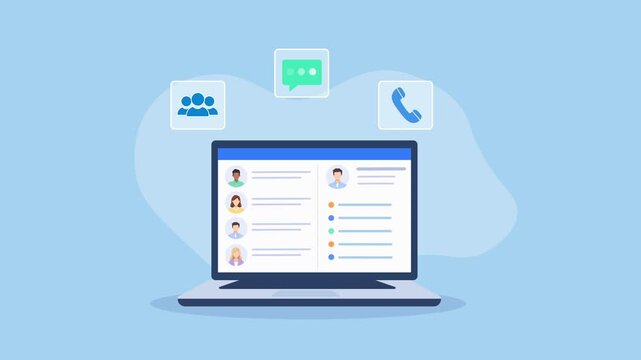 Animated video showing a laptop with a digital contact management interface and user profiles, surrounded by group, chat, and phone icons on a soft blue background.