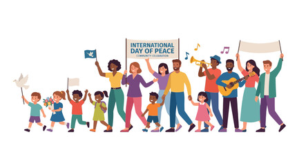 Fototapeta premium International Day of Peace Celebration with Diverse People and Children Marching