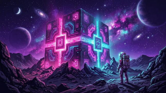 3D illustration of retro science fiction scene showing astronaut encountering glowing alien computer artefact on desert planet