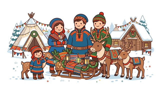 Sami family with reindeer in snowy arctic village