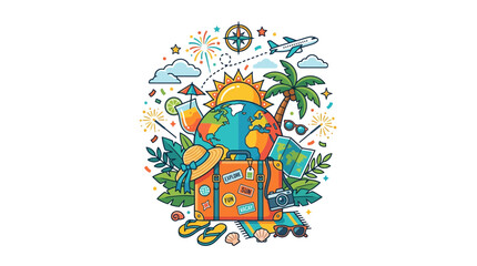 Fototapeta premium Summer Vacation Travel Collage: Globe, Suitcase, Palm Tree, Airplane, Beach Essentials