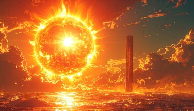 A colossal sun blazes in a sky filled with dramatic clouds over a turbulent sea, with a tall thermometer indicating extreme heat.