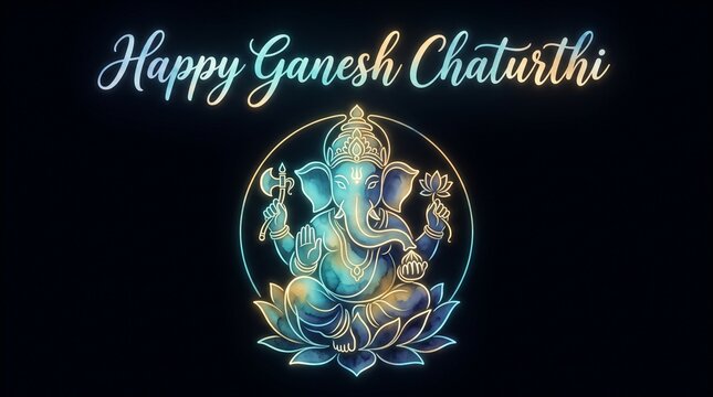 Happy ganesh chaturthi banner with blue and gold glowing ganesha